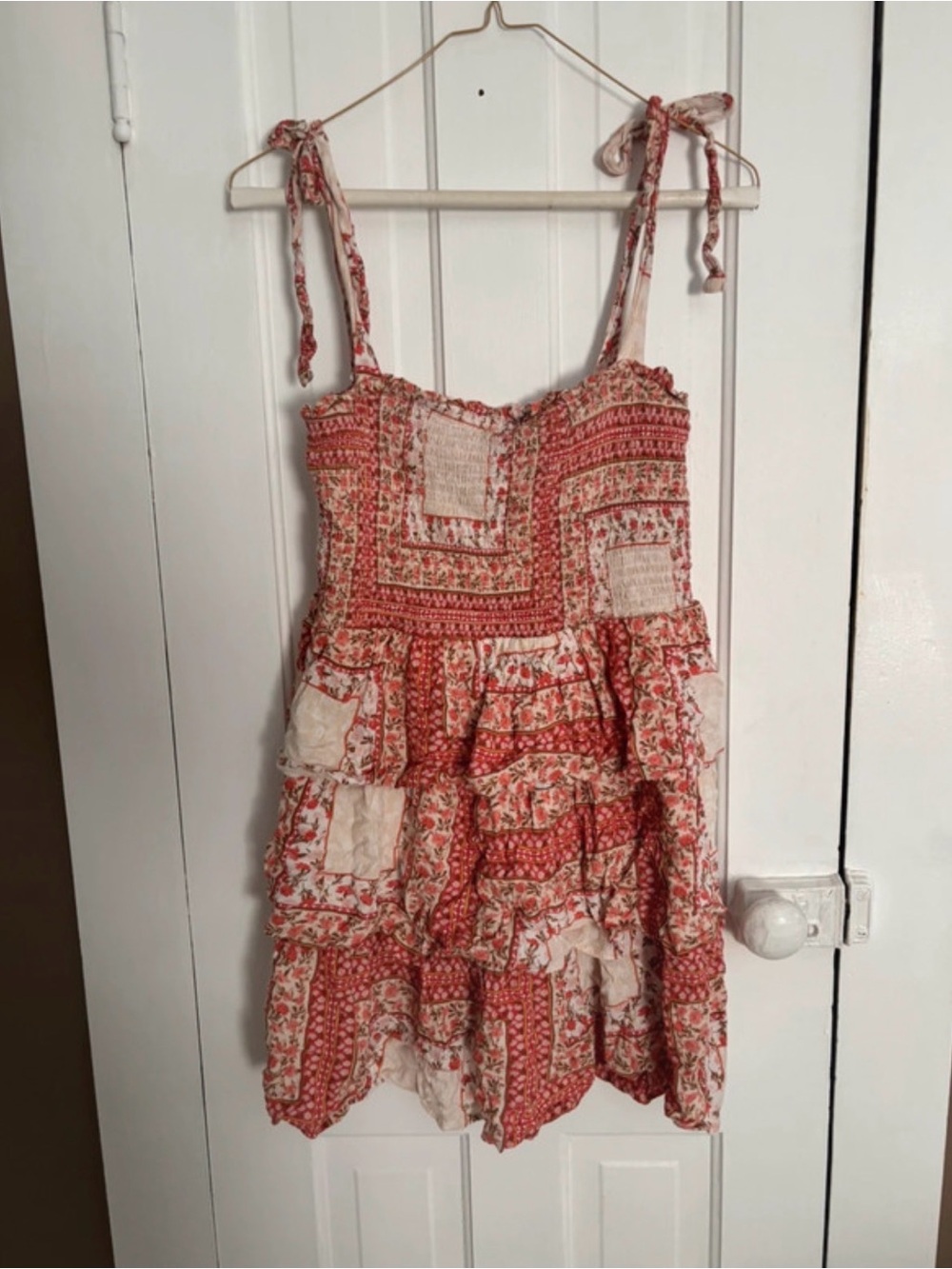 American Eagle Outfitters Coral and Cream Patchwork Tie-Shoulder Dress